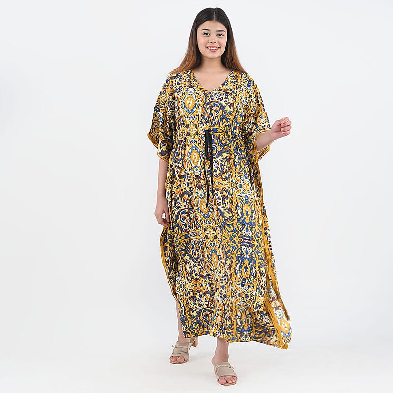 Tamsy Yellow Kaftan with Drawstring and Ladder Lace - One Size Fits Most