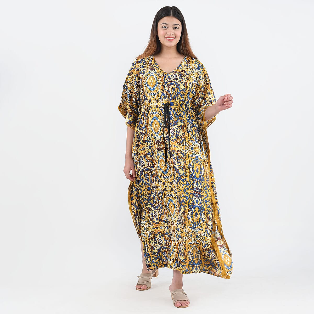 Tamsy Yellow Kaftan with Drawstring and Ladder Lace - One Size Fits Most image number 0