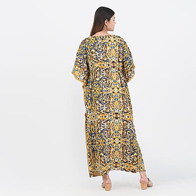 Tamsy Yellow Kaftan with Drawstring and Ladder Lace - One Size Fits Most