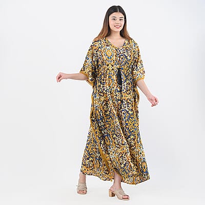 Tamsy Yellow Kaftan with Drawstring and Ladder Lace - One Size Fits Most