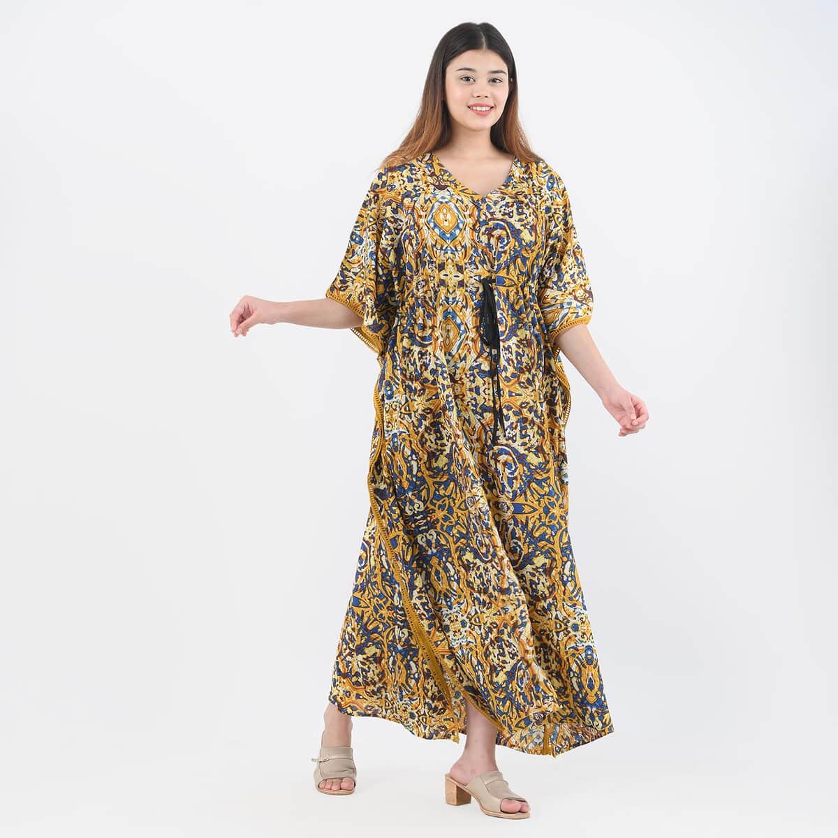 Tamsy Yellow Kaftan with Drawstring and Ladder Lace - One Size Fits Most image number 2
