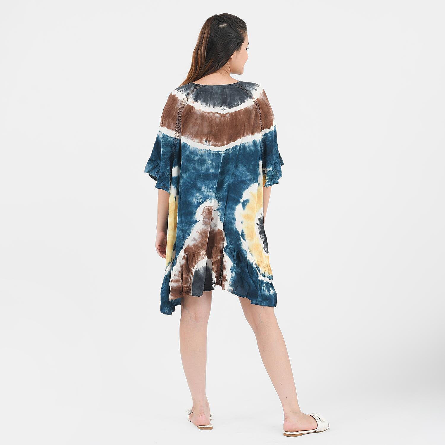 Tamsy Brown 100% Rayon Tie Dye Kaftan with Lace - One Size Fits Most