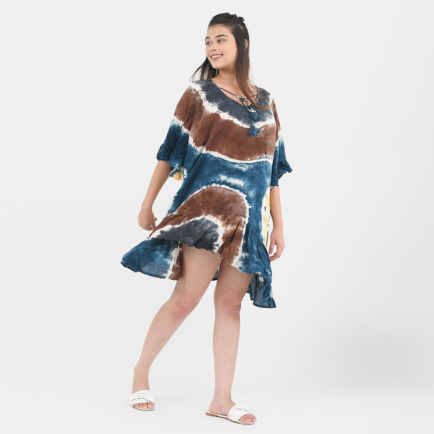 Tamsy Brown 100% Rayon Tie Dye Kaftan with Lace - One Size Fits Most