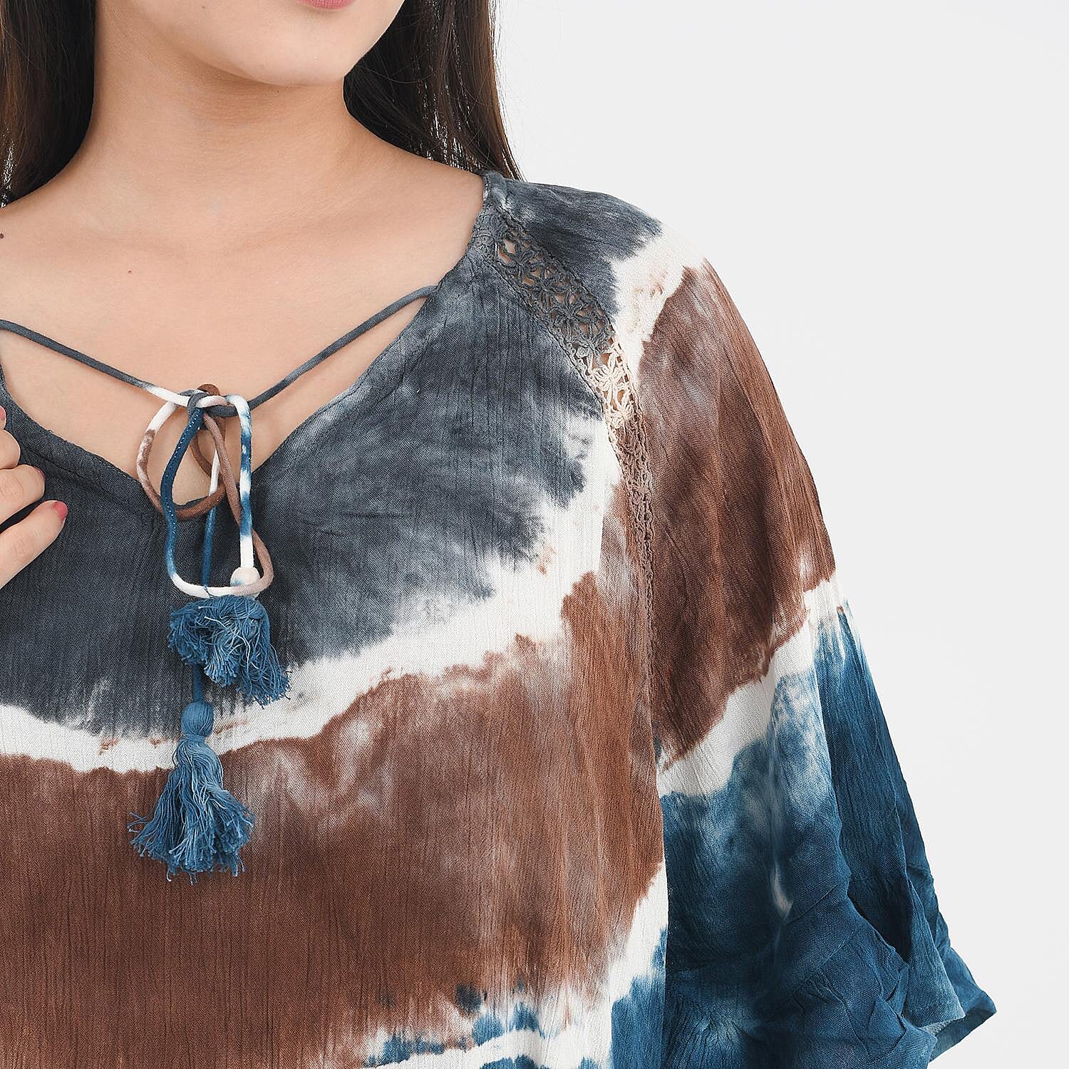 Tamsy Brown 100% Rayon Tie Dye Kaftan with Lace - One Size Fits Most