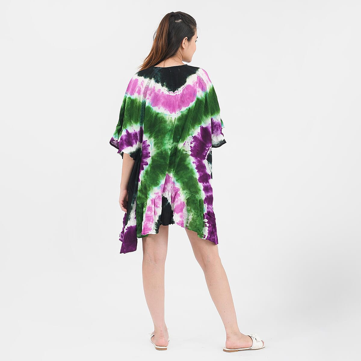 Tamsy Purple 100% Rayon Tie Dye Kaftan with Lace - One Size Fits Most image number 1