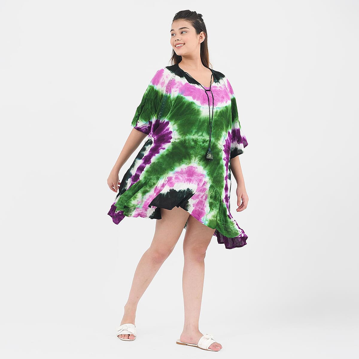 Tamsy Purple 100% Rayon Tie Dye Kaftan with Lace - One Size Fits Most image number 2