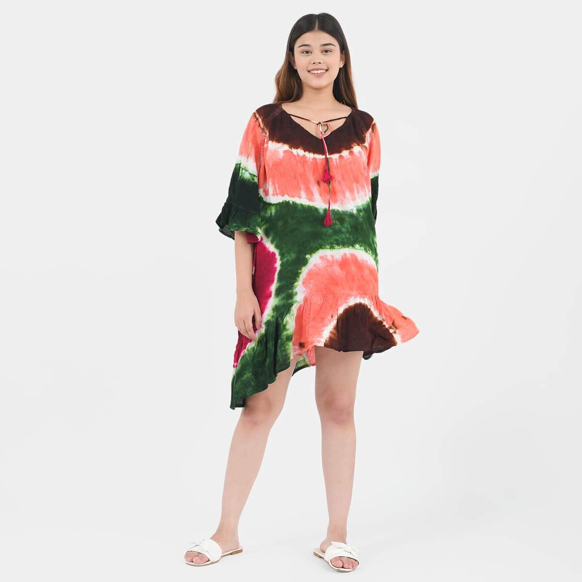 Tamsy Red 100% Rayon Tie Dye Kaftan with Lace - One Size Fits Most image number 0