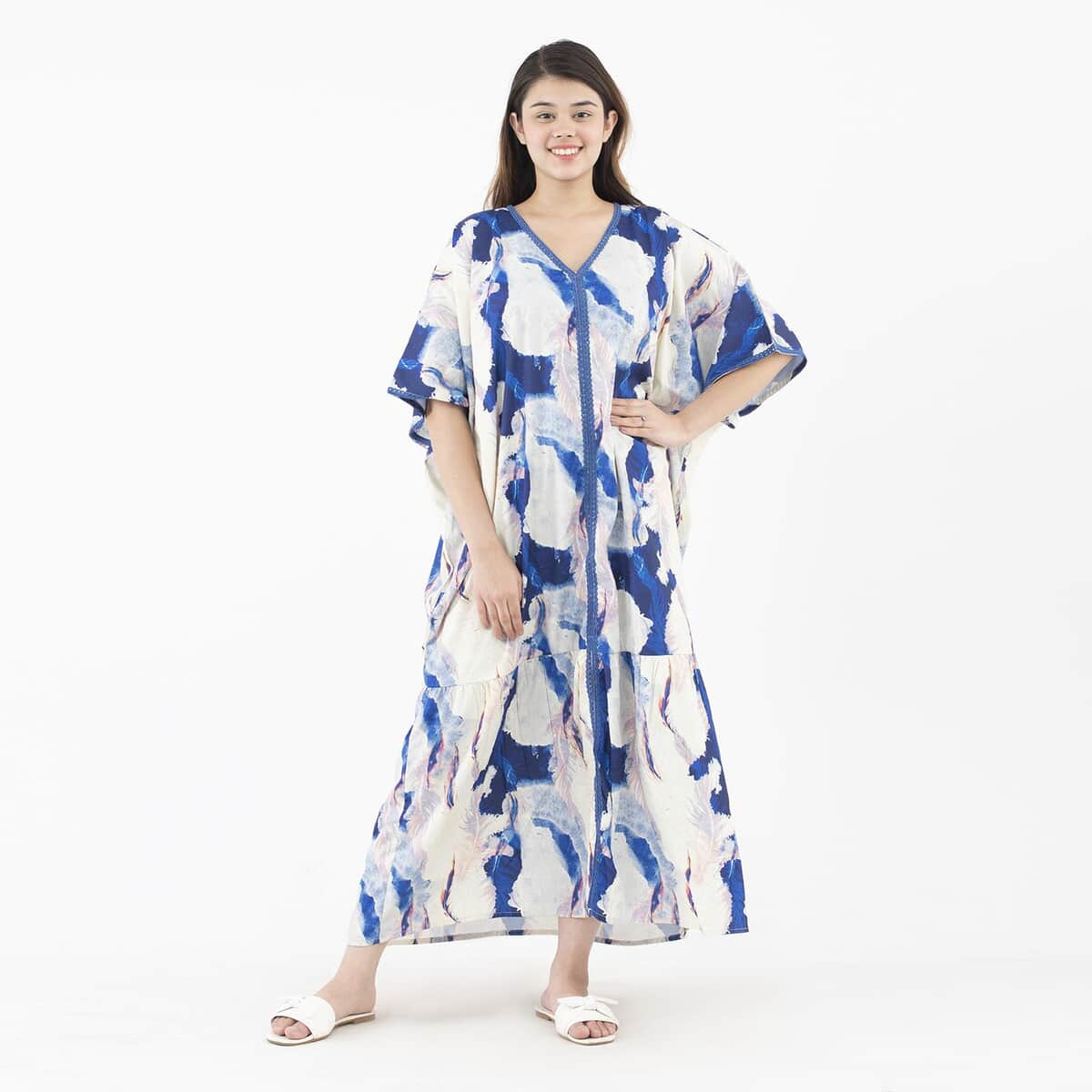 Tamsy Blue American Crepe Long Kaftan with Lace - One Size Fits Most image number 0