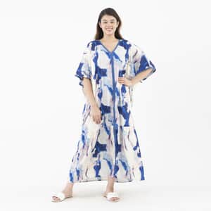 Tamsy Blue American Crepe Long Kaftan with Lace - One Size Fits Most