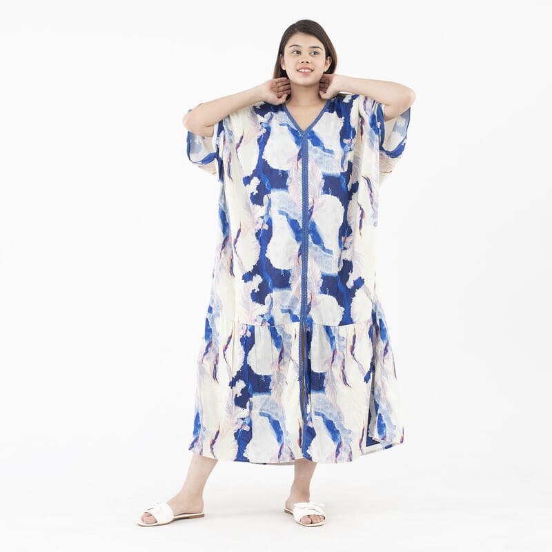 Tamsy Blue American Crepe Long Kaftan with Lace - One Size Fits Most