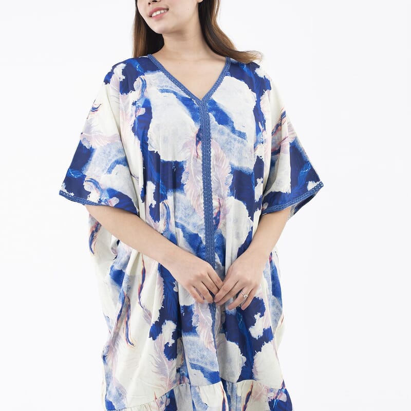 Tamsy Blue American Crepe Long Kaftan with Lace - One Size Fits Most