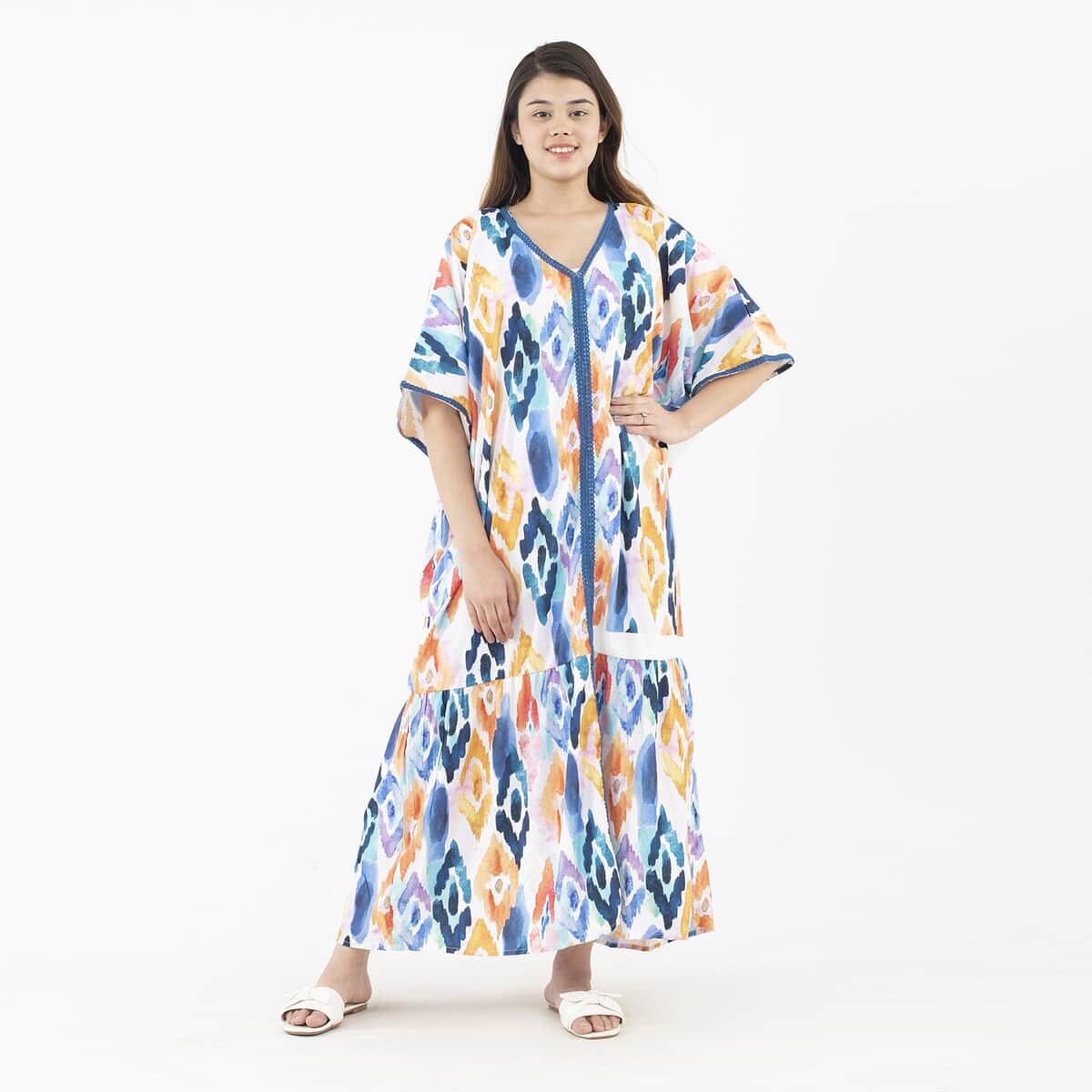 Tamsy Multi Color American Crepe Long Kaftan with Lace - One Size Fits Most image number 0