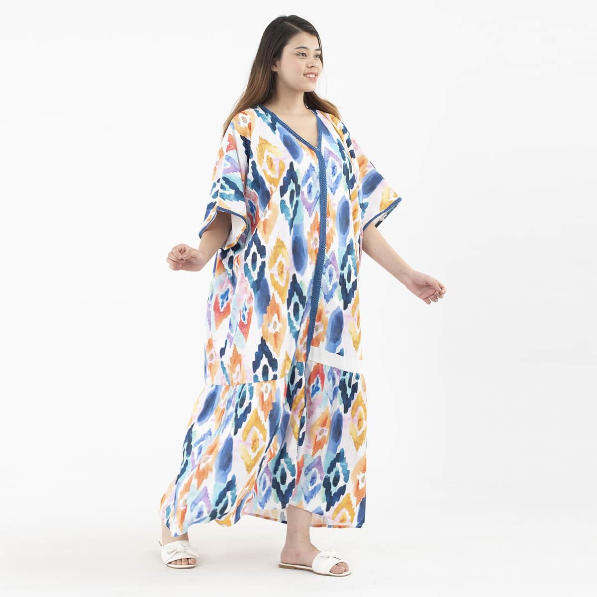 Tamsy Multi Color American Crepe Long Kaftan with Lace - One Size Fits Most image number 2