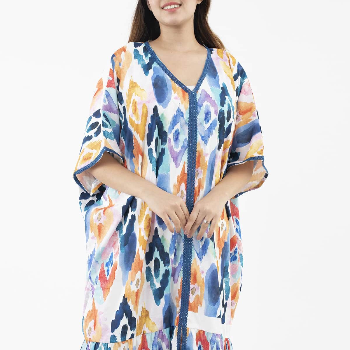 Tamsy Multi Color American Crepe Long Kaftan with Lace - One Size Fits Most image number 5