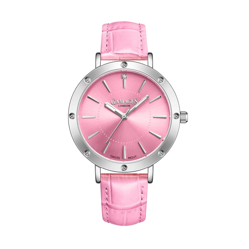 GAMAGES OF LONDON DISTINGUISHED Diamond Swiss Quartz Movement Watch with Pink Genuine Leather Strap (38mm)