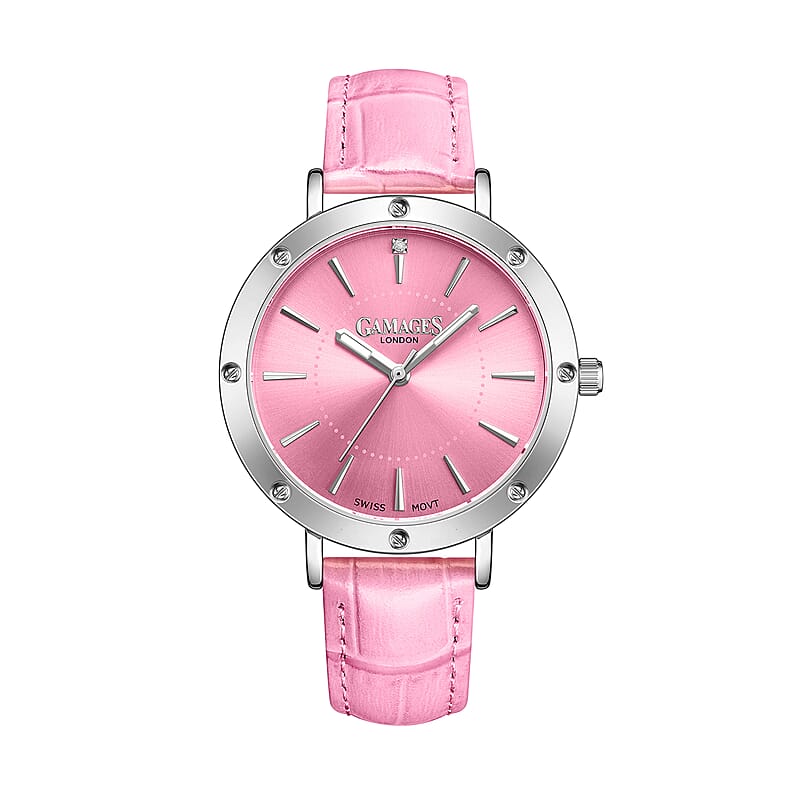 GAMAGES OF LONDON DISTINGUISHED Diamond Swiss Quartz Movement Watch with Pink Genuine Leather Strap (38mm)