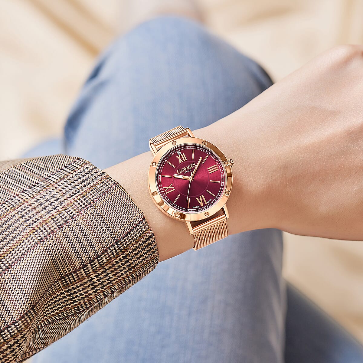 GAMAGES OF LONDON CRUISER Diamond Swiss Quartz Movement Watch with ION Plated RG Stainless Steel Strap (38mm) image number 1