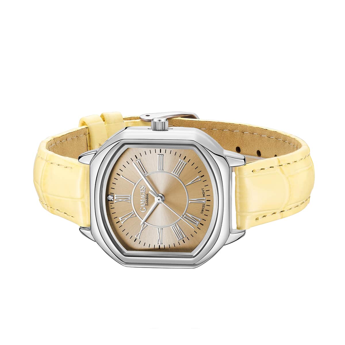 Gamages of London Luxe Diamond Swiss Quartz Movement Watch with Yellow Genuine Leather Strap (38mm) with Free Gift Pen image number 2