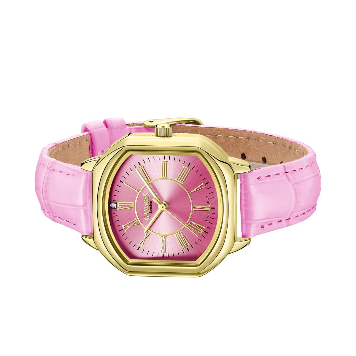 GAMAGES OF LONDON Diamond Swiss Quartz Movement Watch with Pink Genuine Leather Strap (38mm) with Free Gift Pen image number 2