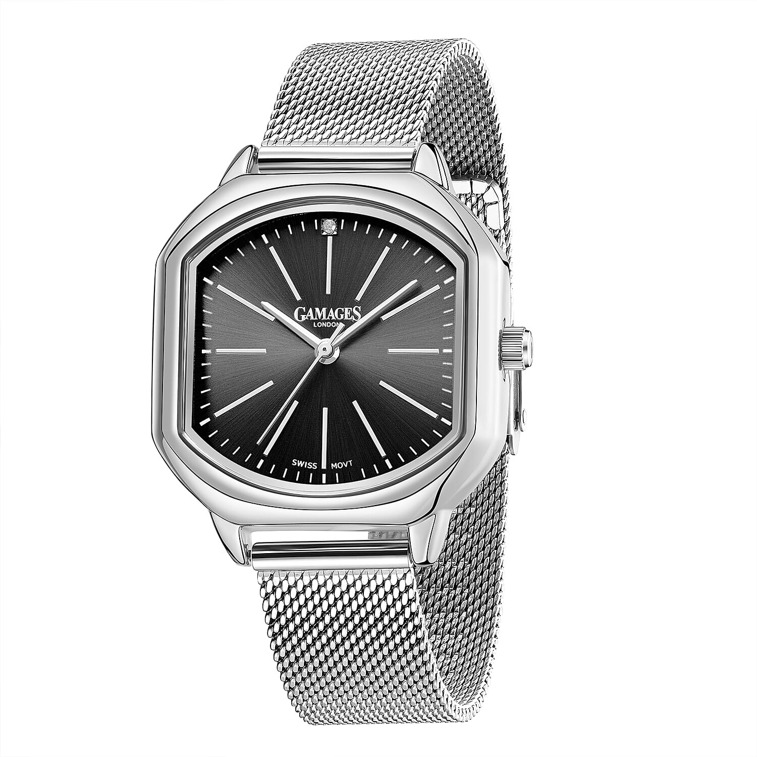 Gamages of London Diamond Swiss Quartz Movement Watch with Stainless Steel Strap (38mm)