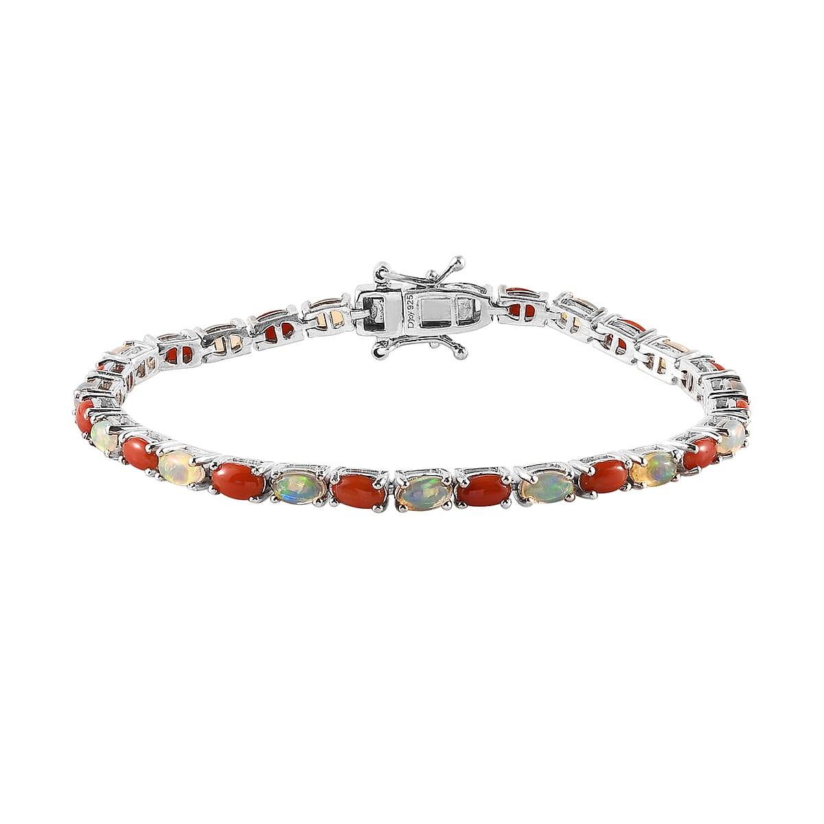 Ethiopian Welo Opal and Mediterranean Coral Tennis Bracelet in Rhodium Over Sterling Silver (6.50 In) 7.70 Grams 6.00 ctw image number 0