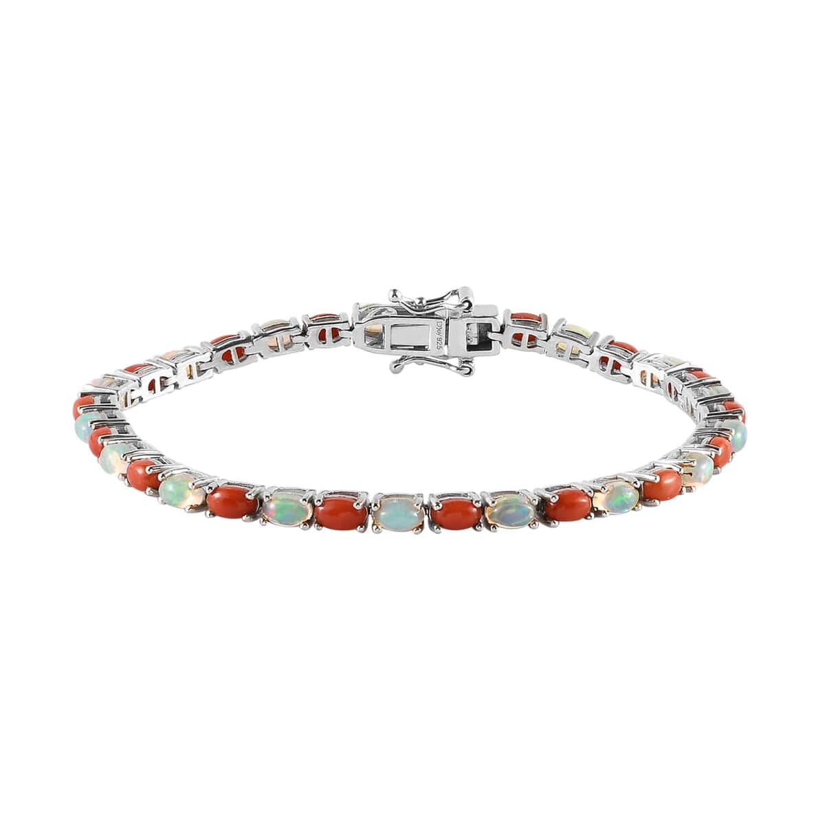 Ethiopian Welo Opal and Mediterranean Coral Tennis Bracelet in Rhodium Over Sterling Silver (7.25 In) 6.50 ctw image number 0