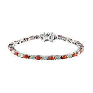 Ethiopian Welo Opal and Mediterranean Coral Tennis Bracelet in Rhodium Over Sterling Silver (7.25 In) 6.50 ctw