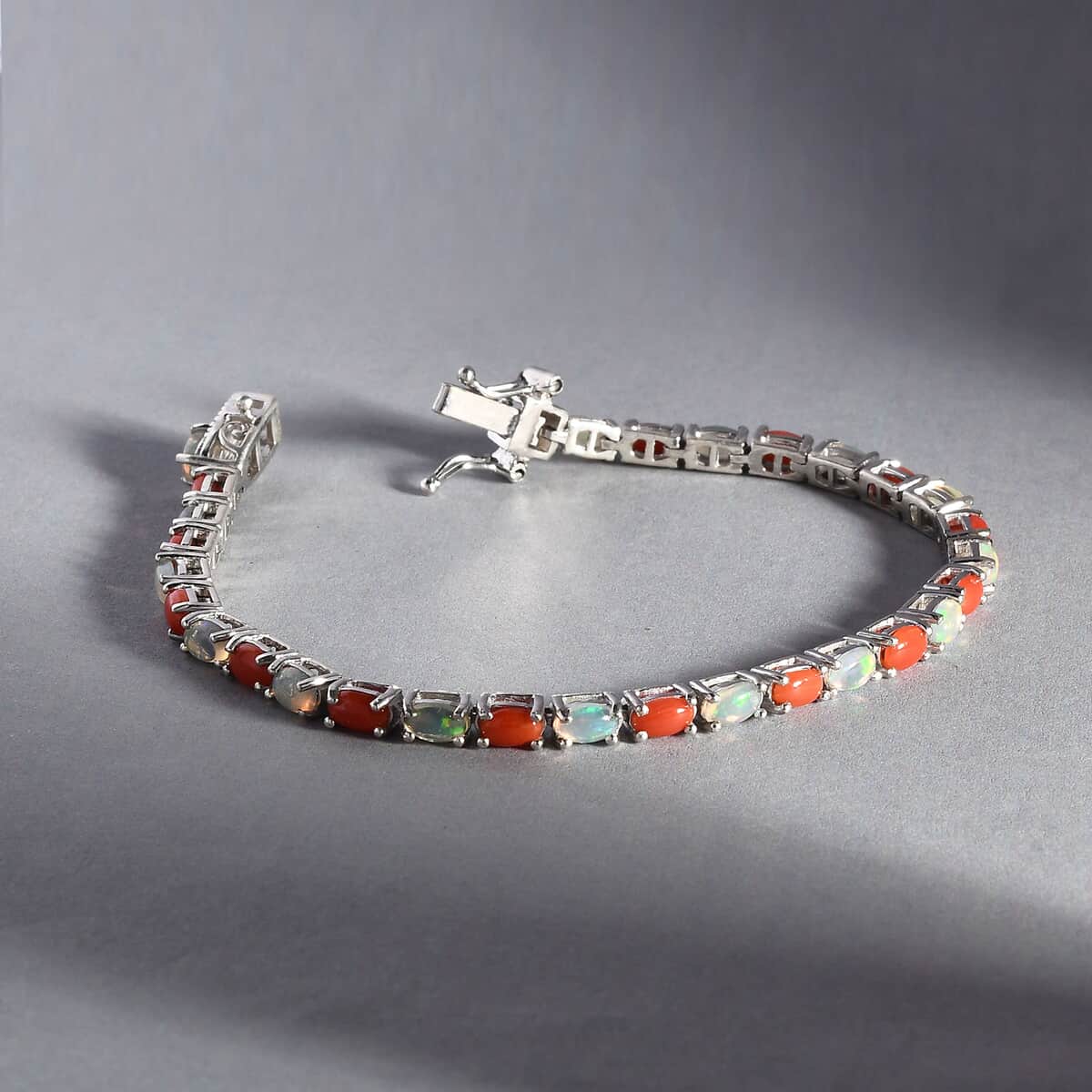 Ethiopian Welo Opal and Mediterranean Coral Tennis Bracelet in Rhodium Over Sterling Silver (7.25 In) 6.50 ctw image number 1