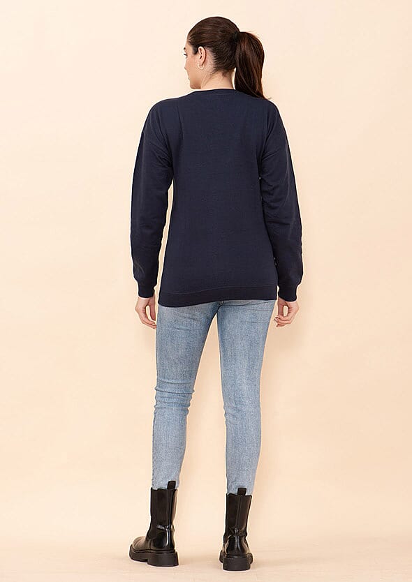 Tamsy Holiday Navy Reindeer Fleece Knit Sweatshirt For Women(100% Cotton) - L