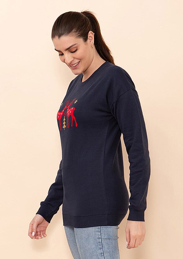Tamsy Holiday Navy Reindeer Fleece Knit Sweatshirt For Women(100% Cotton) - L