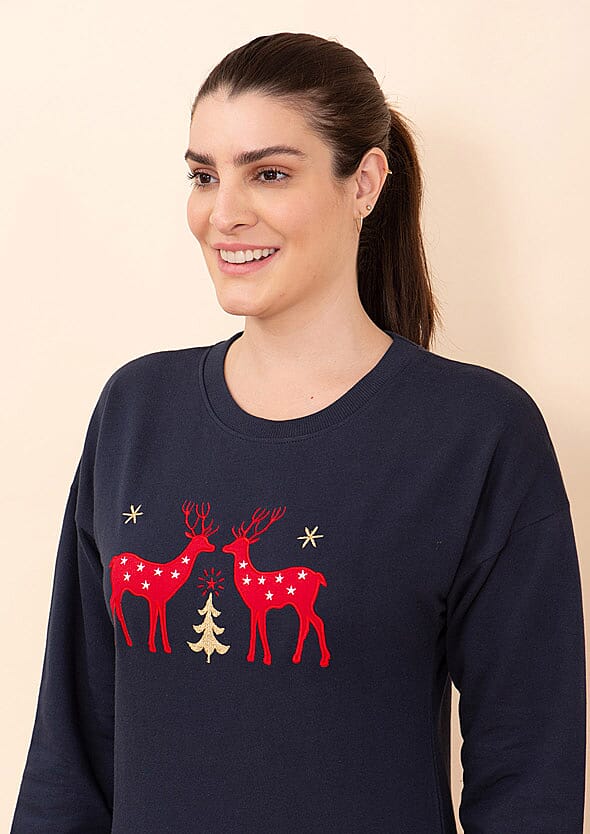 Tamsy Holiday Navy Reindeer Fleece Knit Sweatshirt For Women(100% Cotton) - L