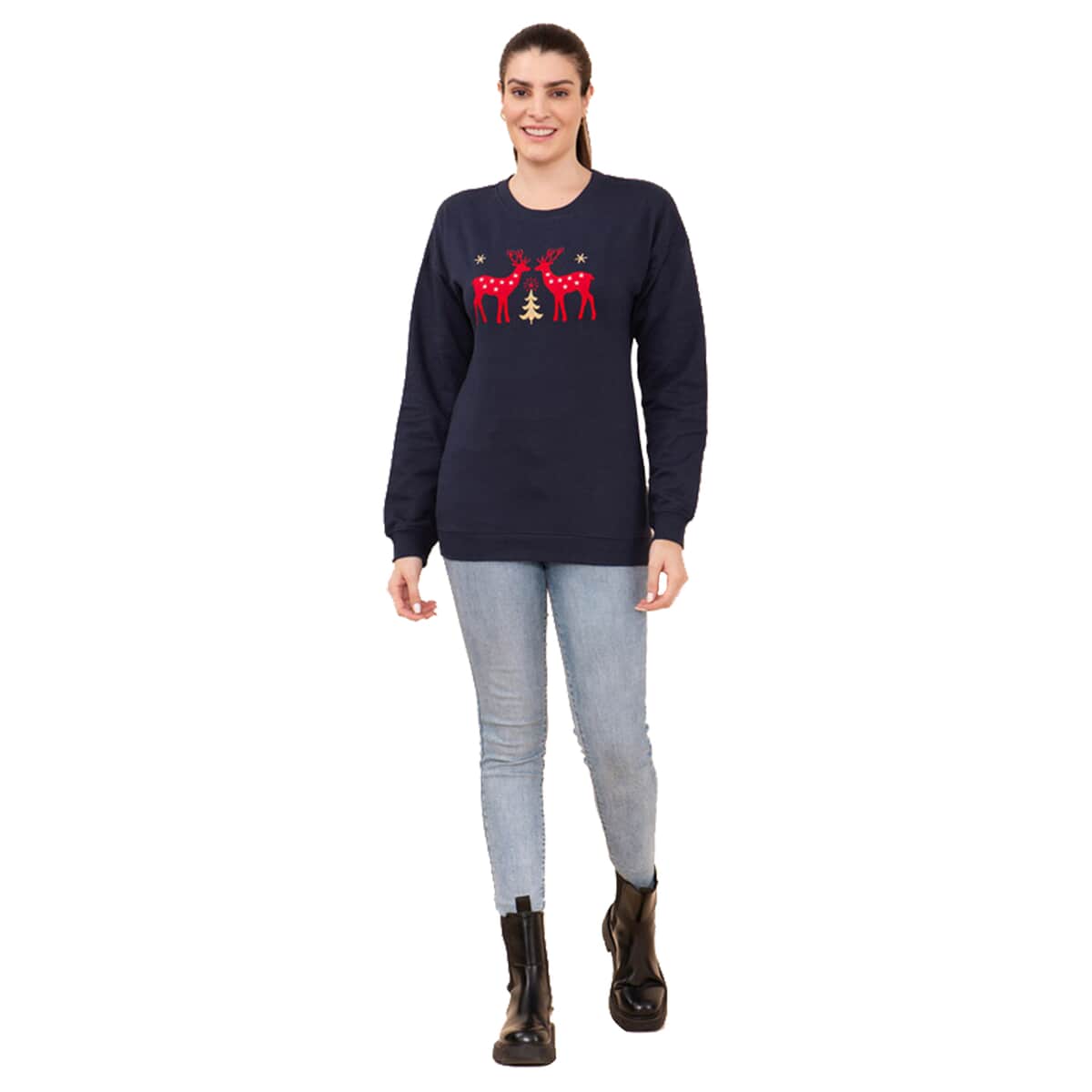 Tamsy Holiday Navy Reindeer Fleece Knit Sweatshirt For Women (100% Cotton) - S image number 0