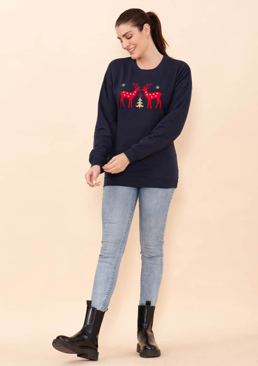 Tamsy Holiday Navy Reindeer Fleece Knit Sweatshirt For Women (100% Cotton) - S image number 2