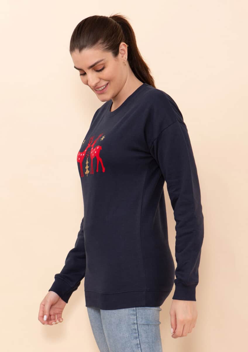 Tamsy Holiday Navy Reindeer Fleece Knit Sweatshirt For Women (100% Cotton) - S image number 4