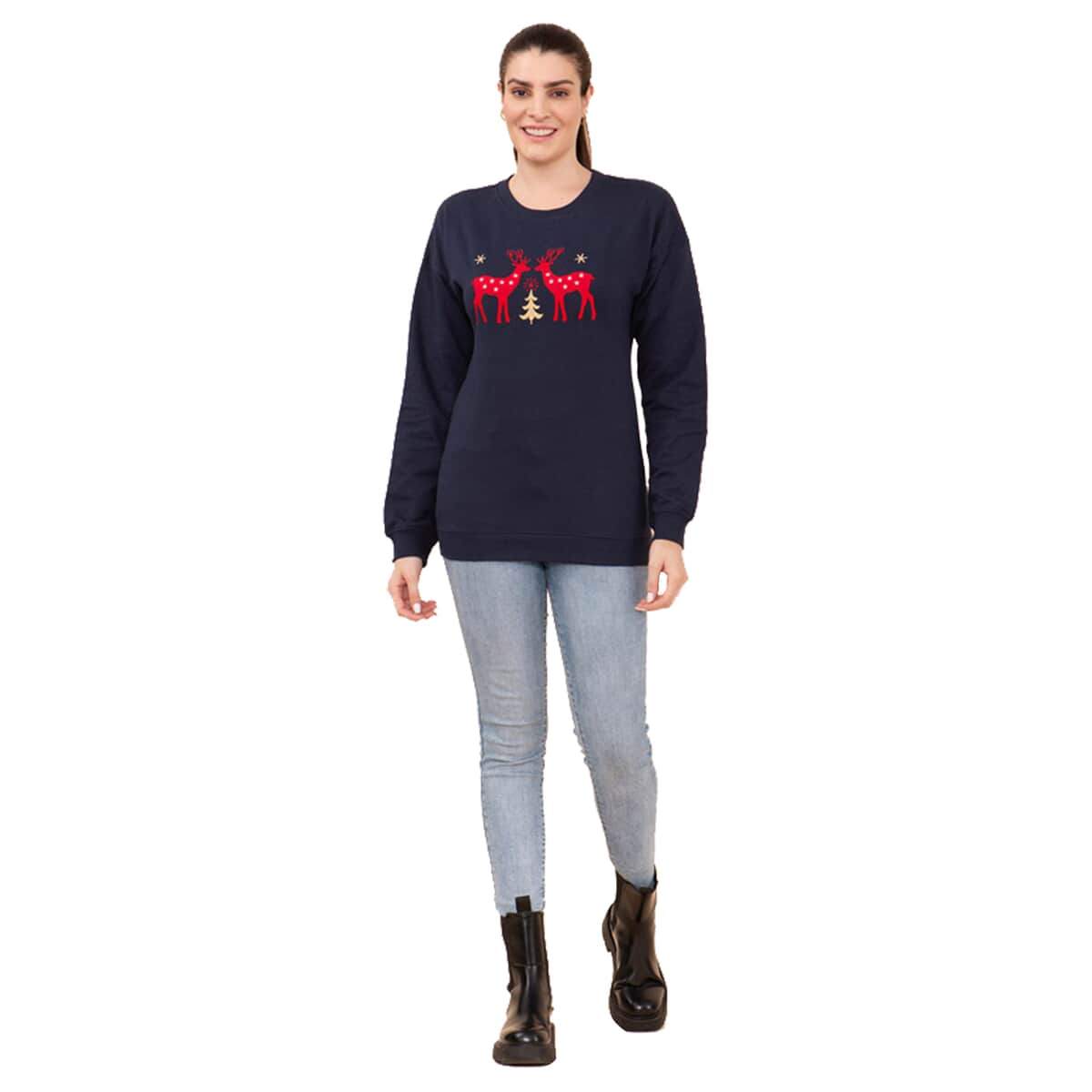 Tamsy Holiday Navy Reindeer Fleece Knit Sweatshirt For Women (100% Cotton) - XL image number 0