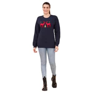 Tamsy Holiday Navy Reindeer Fleece Knit Sweatshirt For Women (100% Cotton) - XL