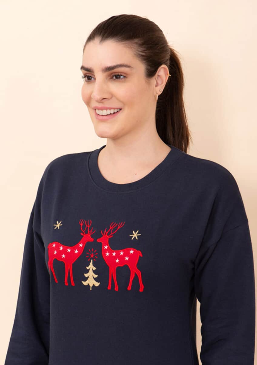 Tamsy Holiday Navy Reindeer Fleece Knit Sweatshirt For Women (100% Cotton) - XL image number 5