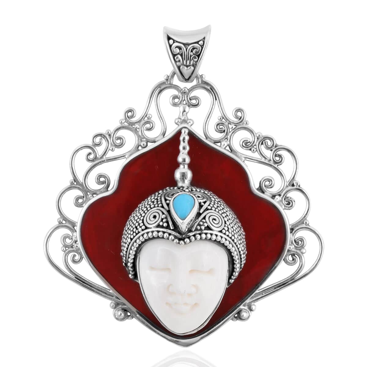 BALI GODDESS Carved Bone and Multi Gemstone Pendant in Sterling Silver 14.95 Grams 1.65 ctw image number 0