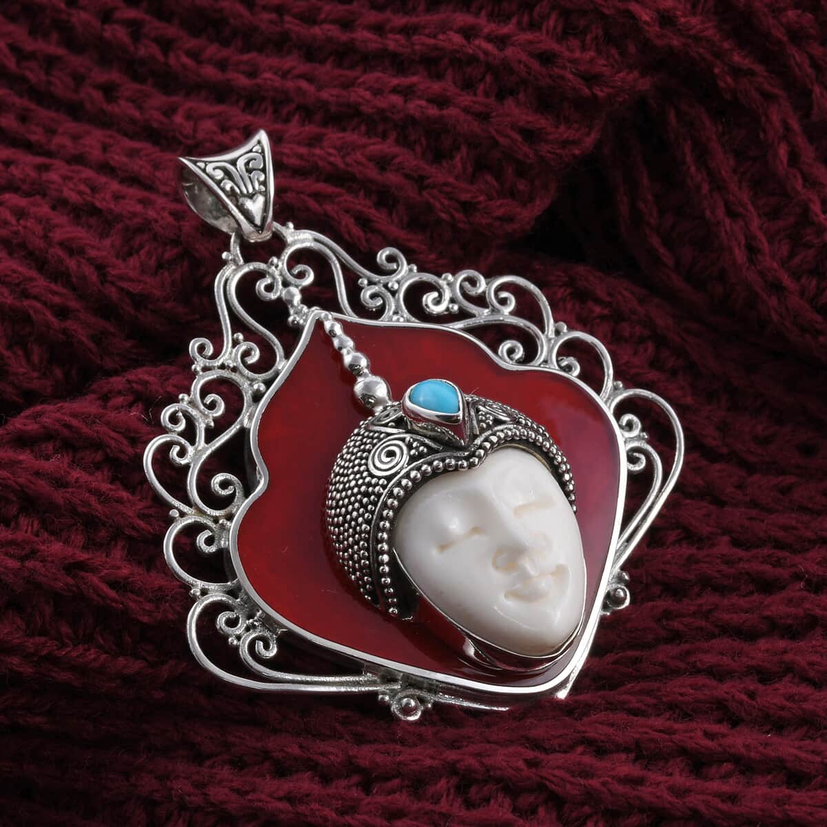 BALI GODDESS Carved Bone and Multi Gemstone Pendant in Sterling Silver 14.95 Grams 1.65 ctw image number 1