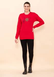Tamsy Holiday Red Joy Fleece Knit Sweatshirt For Women (100% Cotton) - L
