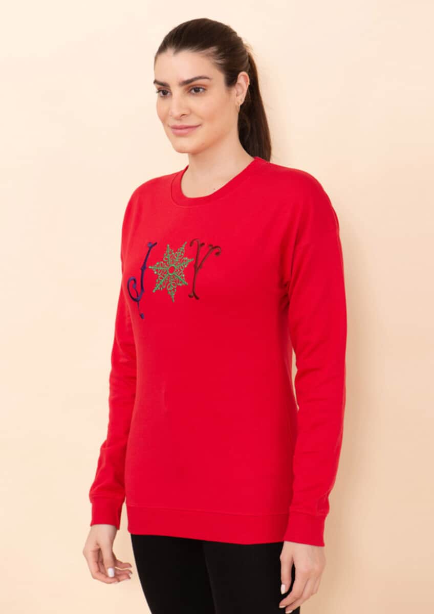 Tamsy Holiday Red Joy Fleece Knit Sweatshirt For Women (100% Cotton) - M image number 3