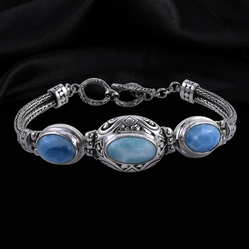 Bali Legacy Larimar 3 Stone Bracelet in Sterling Silver (7.50 In) 27.50 Grams 25.40 ctw