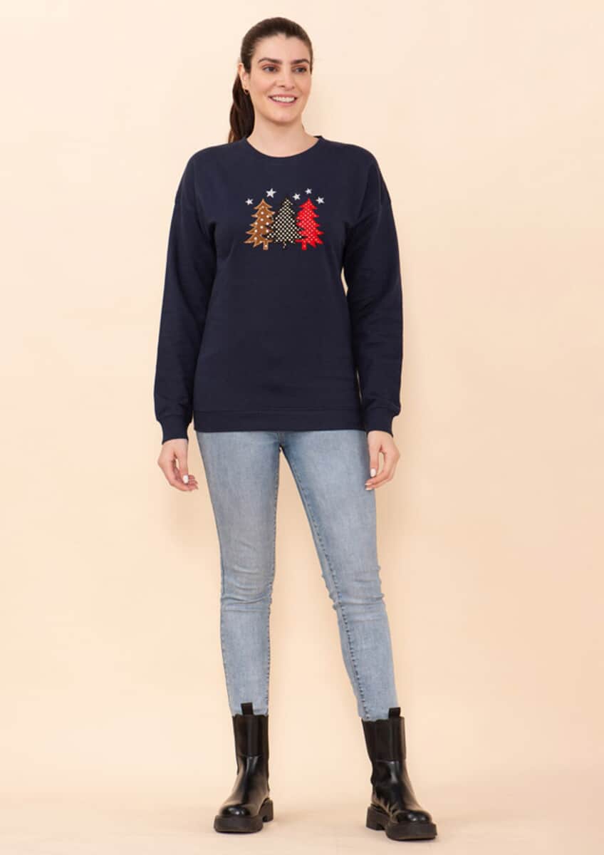 Tamsy Holiday Navy Christmas Tree Fleece Knit Sweatshirt For Women (100% Cotton) - L image number 0