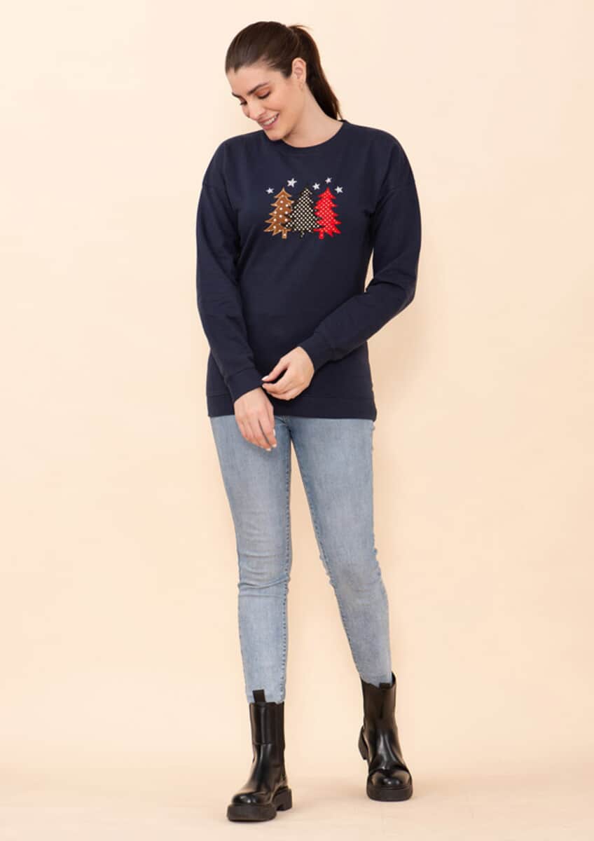 Tamsy Holiday Navy Christmas Tree Fleece Knit Sweatshirt For Women (100% Cotton) - L image number 2