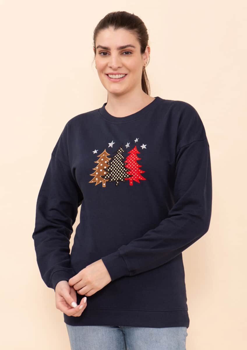 Tamsy Holiday Navy Christmas Tree Fleece Knit Sweatshirt For Women (100% Cotton) - L image number 3