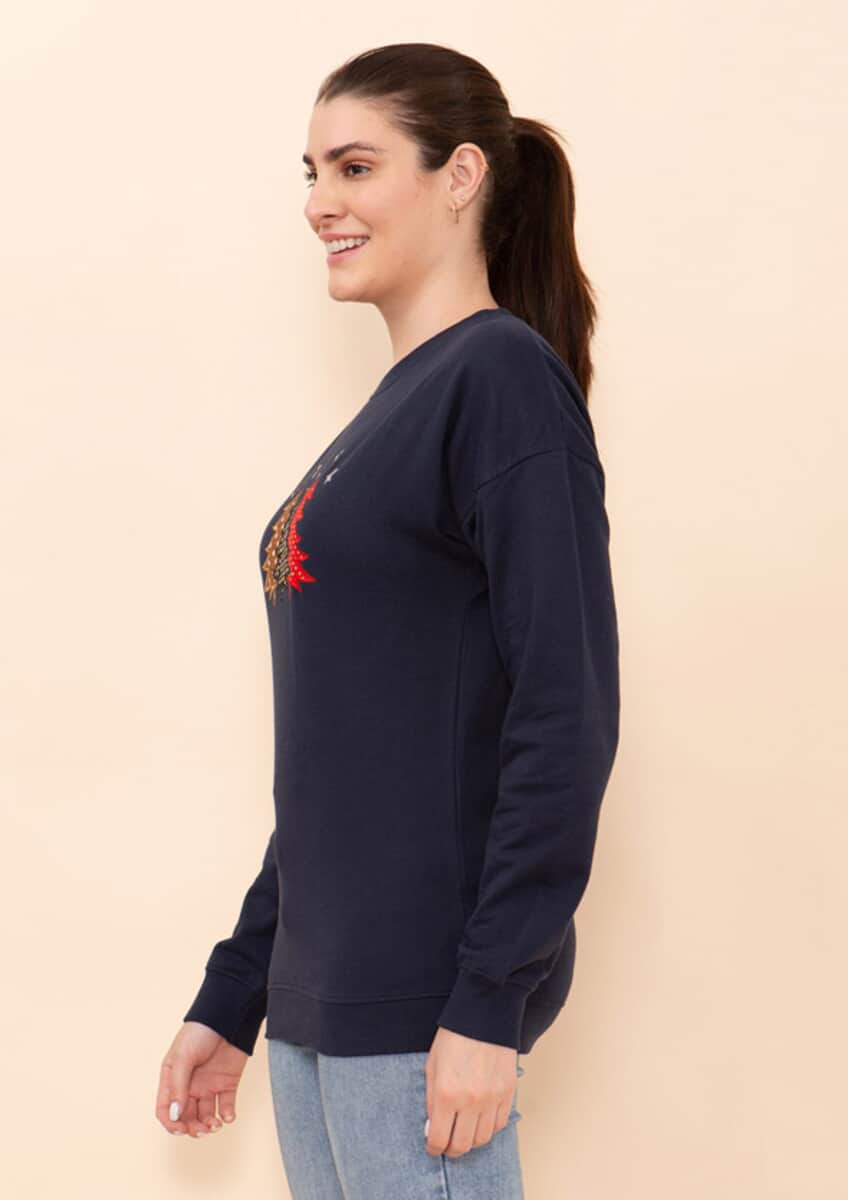 Tamsy Holiday Navy Christmas Tree Fleece Knit Sweatshirt For Women (100% Cotton) - L image number 4