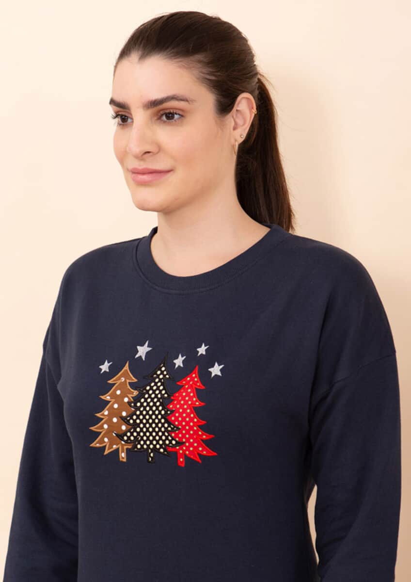 Tamsy Holiday Navy Christmas Tree Fleece Knit Sweatshirt For Women (100% Cotton) - L image number 5