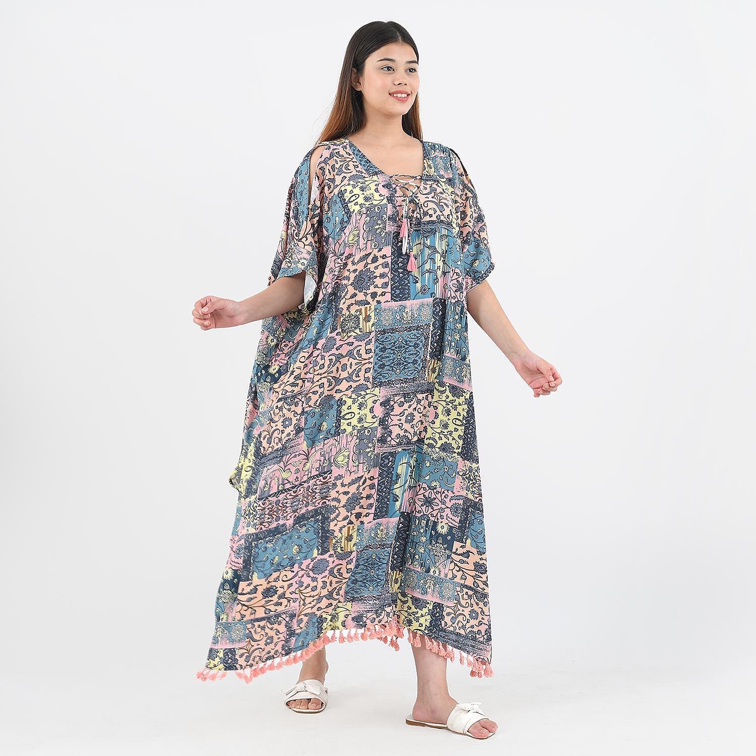 Tamsy Peach Color Kaftan with Lace - One Size Fits Most