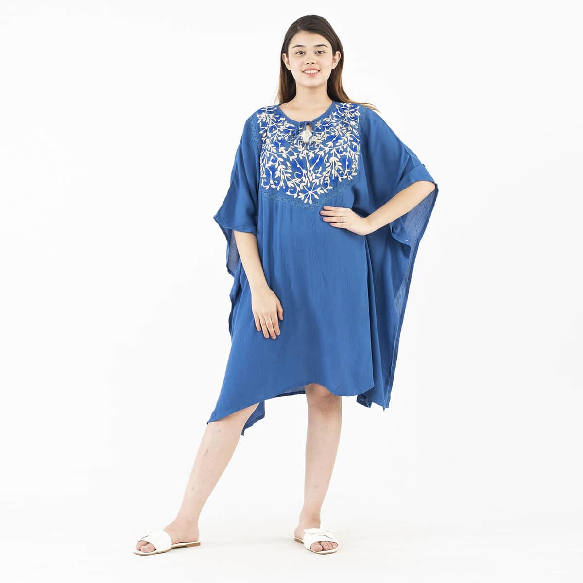 Tamsy Blue Front Neck Embroidered Kaftan with Lace - One Size Fits Most image number 0