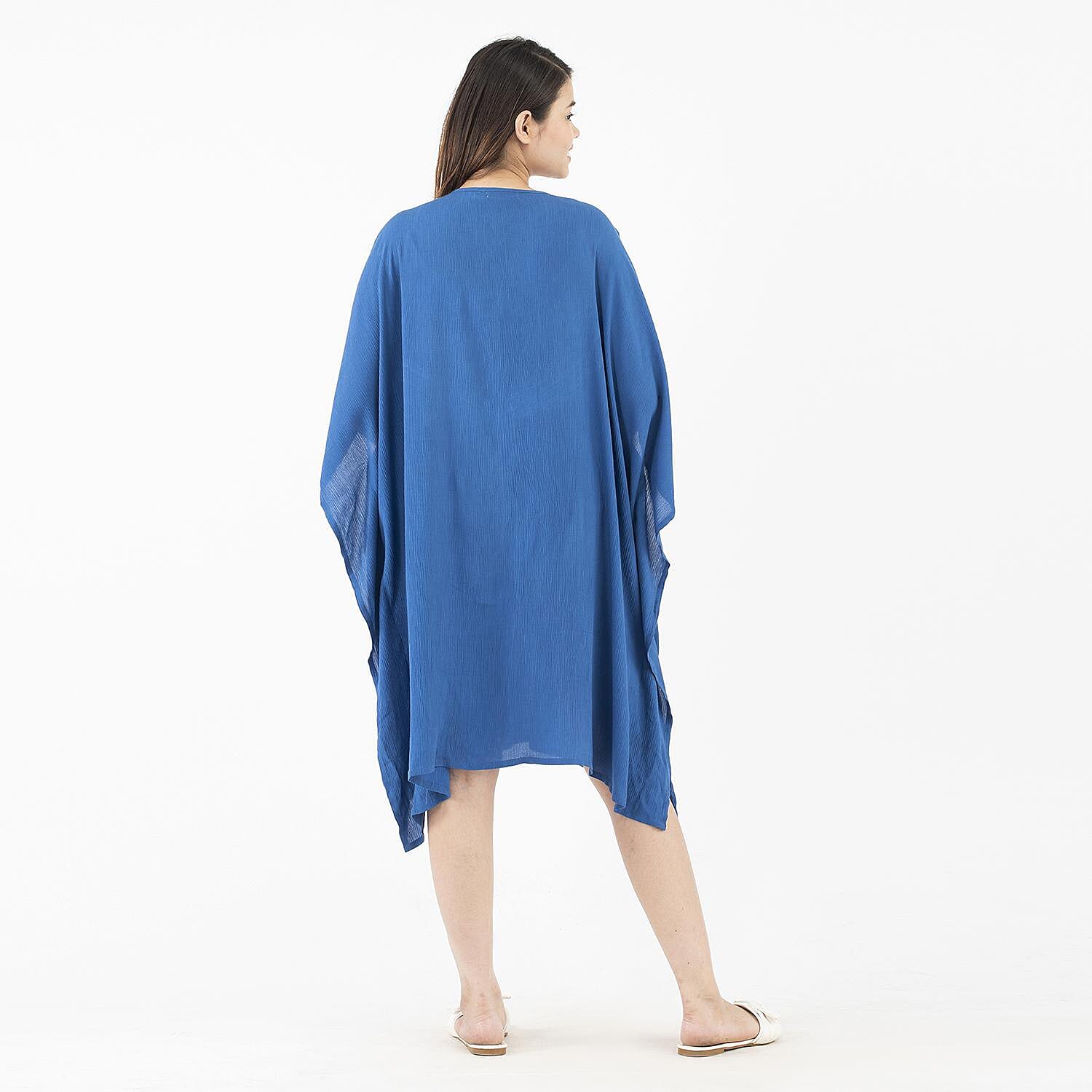 Tamsy Blue Front Neck Embroidered Kaftan with Lace - One Size Fits Most